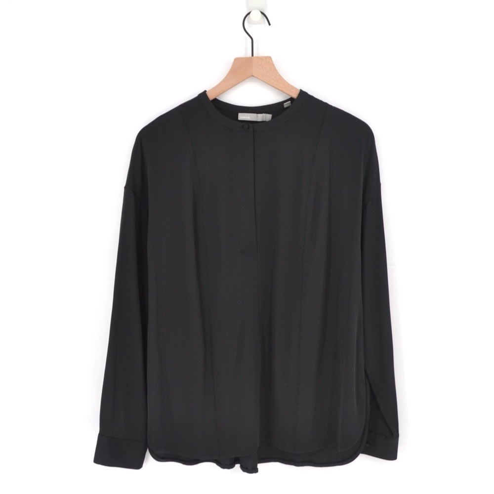 Vince Embroidered Stitch Silk Long Sleeve Top in Black Size 8